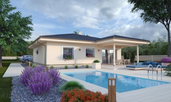 4-Zimmer-Bungalow mit überdachter Terrasse und Walmdach.
